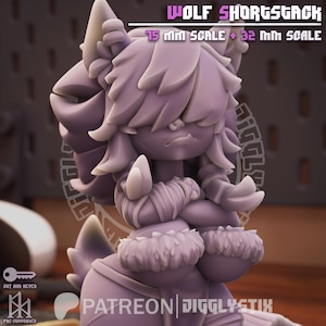 May include: A 3D-printed figurine of a wolf-like character, with the text "WOLF SHORGSGACK" above. The figure has detailed fur and clothing, with the text "15 MM SCALE + 32 MM SCALE" above the character. The figurine is pre-supported and keyed.