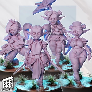 May include: Four pink fantasy figures are displayed, each with unique armor and weaponry. One figure holds a rifle, another a hammer, and a third a sword. The figures stand on a textured base with grass. The word "SUPPORTED" is at the bottom.