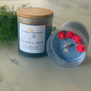 Tuxedo Rose | Sailor Moon Inspired Natural Soy Wax Candle | Glitter Herbal Musk Scented | 7oz Wooden Wick Candle | Cute Nerdy Anime Gift