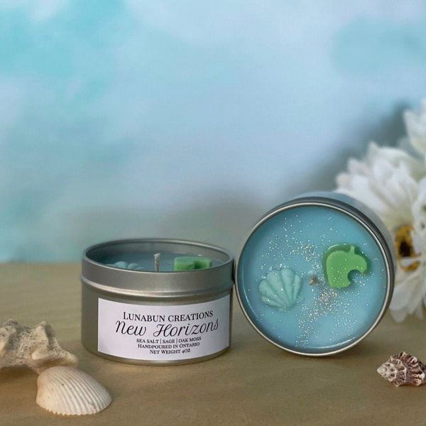 New Horizons | Animal Crossing Inspired Natural Soy Wax Candle | Glitter Fresh Scented Candle | 4oz Candle Tin | Cute Nerdy Anime Gamer Gift