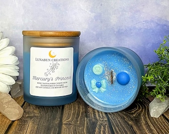 Mercury’s Princess | Sailor Moon Inspired Natural Soy Wax Candle | Glitter Fresh Scented Candle | 7oz Candle Jar | Cute Nerdy Gift for Her