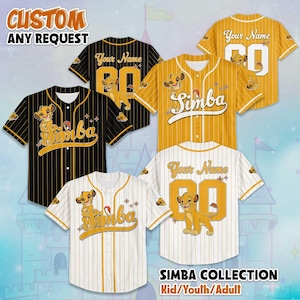 May include: Baseball jerseys in black, gold, and white, featuring the word "Simba" and a lion cub graphic. The jerseys have the text "Your Name" and the number "00" on the back. The image also includes the text "CUSTOM ANY REQUEST" and "SIMBA COLLECTION Kid/Youth/Adult".