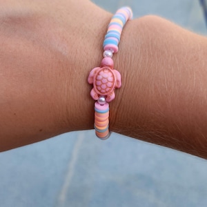 Tropical clay bead bracelet, cute, summer, pink, orange, blue