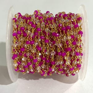 3mm Crystal & Hot Pink Faceted Beads Rosary Chain, Gold Plated Wire Wrapped Chain, Handmade Jewelry Making Supply, Beaded Chain by Foot