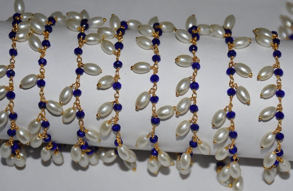 Gold Plated Brass Wire Wrapped Rosary Chain, Blue & White Rice Pearl Glass Bead Cluster Dangle Chain