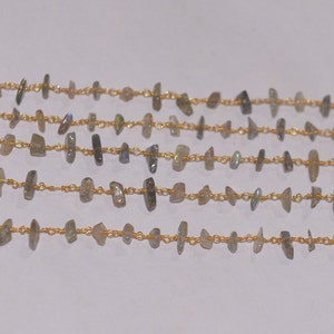 Puede incluir: Una cadena de oro con pequeñas cuentas de labradorita gris irregulares. La cadena está hecha de pequeños trozos de metal unidos.