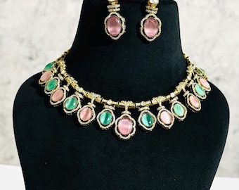 Pink Mint Green Choker Set, Antique Gold Bridal Necklace, AD Stone Jewelry, Indian Wedding Jewelry, Statement Ethnic Necklace Set