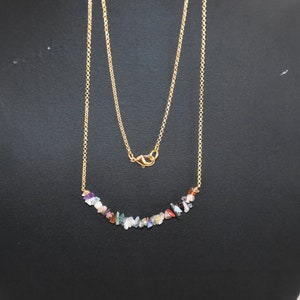 Long Uncut Gemstone Chips Necklace, Multi-Stone Beaded Brass Chain, Dainty Handmade Jewelry, Unique Gift for Her, Boho Style Necklace