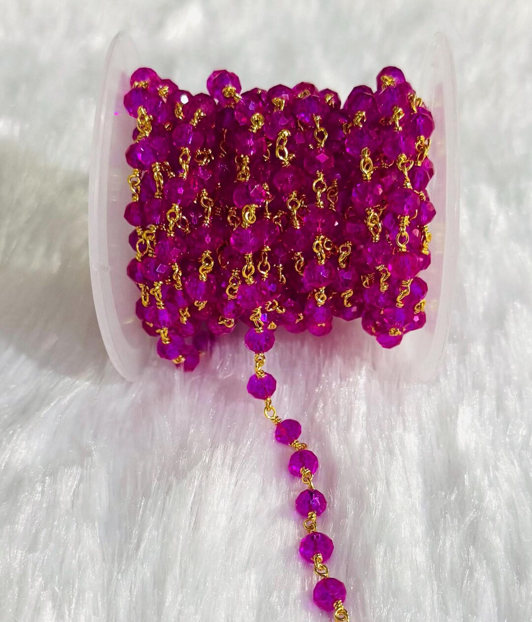 6mm Hot Pink Rosary Chain, Faceted Round Beads, Gold Plated Wire ...