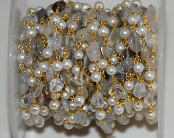 Gold Plated White Pearl & Natural Cristal Oval bead Rosary Chain, Bulk Roll Chain, Rondell Rosary, Brass Wire Beaded Chain, 4x6mm bead chain