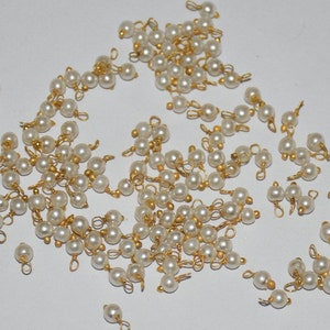 3mm Pearl Round Smooth Glass Beads Charms, Single Gold Plated Wire Wrapped Beads, Earring Necklace Dangles, Jewelry Making Supply