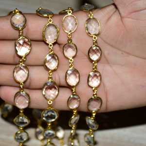 Clear Crystal Oval Bezel Chain, 12-16mm Faceted Gemstone Link, Gold Plated Wire Beaded Connector Chain for Jewelry Making Supplies