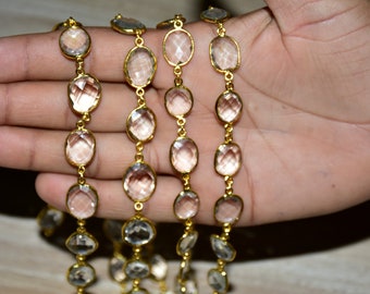 Clear Crystal Oval Bezel Chain, 12-16mm Faceted Gemstone Link, Gold Plated Wire Beaded Connector Chain for Jewelry Making Supplies
