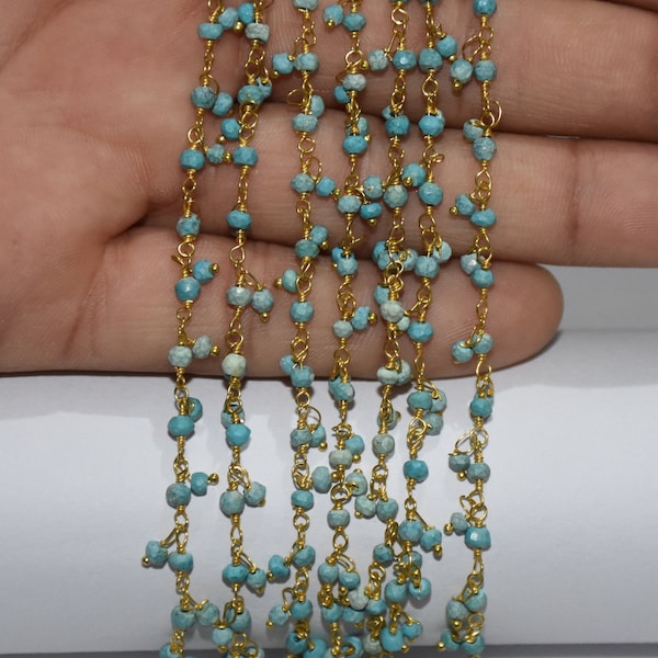 3mm Turquoise gemstone bead Cluster chain, wire wrapped dangle Chain, Beaded Chain, turquoise rondelle beads bulk roll, Gold plated chain