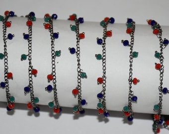 Multi Dangling Black Plated Glass Beads Cluster Rosary Chain, Jewelry Making Beaded Chain 3mm Beads