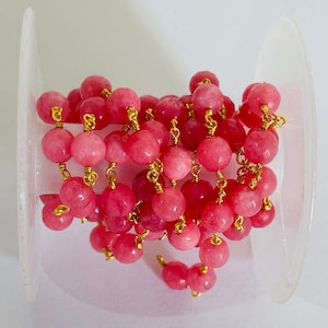 8mm Pink jade gemstone beads rosary chain, wire beaded Chain, round pink jade chain, pink faceted beads jewelry making chain, chain by foot