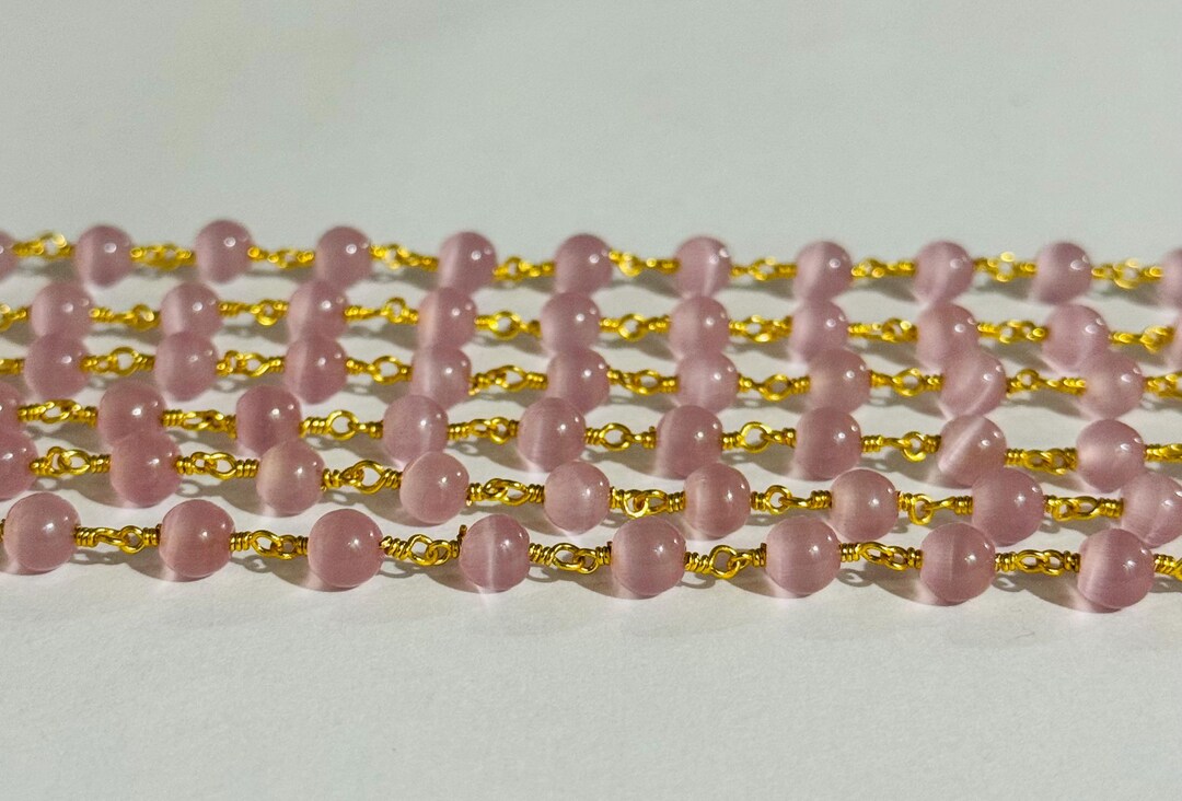 Pink Crystal Rosary Chain, 6mm Round Smooth Monalisa Beads Brass Wire ...