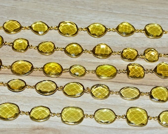 Citrine quartz gold plated Gemstone Bezel connector chain, Rosary chain, Jewelry making chain, Chain by the foot