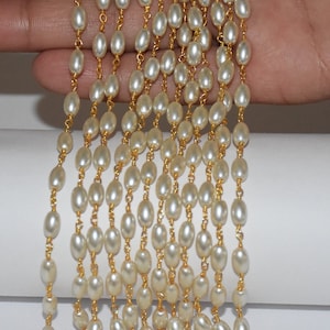 Top quality Gold Plated Wire wrapped Rice Pearl Stone Beaded Chain 3-4mm Jewelry Making, Rosary Chain, Rosary for jewelry Finding. chain