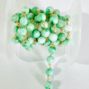 8mm green opal jade gemstone beads rosary chain, handmade beaded chain, green jade faceted beads bulk roll chain, jewelry making craft chain