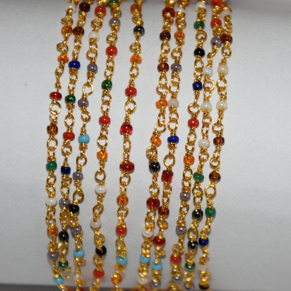 Multi Color Miyuki bead Rosary chain, Gold Plated wire wrapped chain, Beaded Chain, 2mm bead chain, Handmade Body chain, Jewelry chain