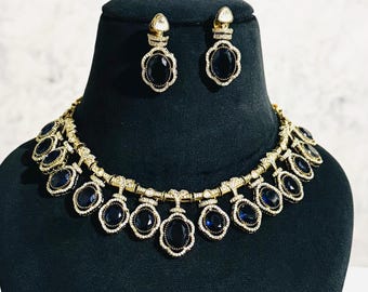 Conjunto de colar choker com safira azul, joias de noiva em ouro antigo, colar marcante para casamento indiano com brincos.