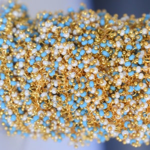 Gold Plated White Pearl & Turquoise Thick Rosary Chain, Beaded Chain, Thick Rosary Chain, Angoori cluster dangling chain, 2mm beads chain