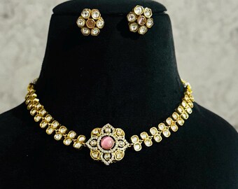 Polki Choker Necklace Set – Pink Gemstone Centerpiece, American Diamond Bridal Jewelry, Indian Wedding Statement Set