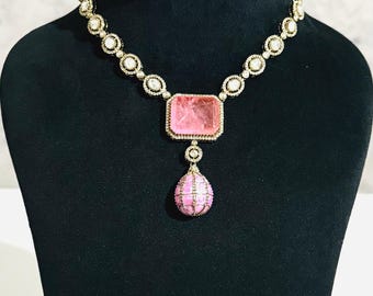 Pink Rose Quartz Doublet Choker Necklace Set, AD Polki Stone Indian Jewelry, Bridal Set with Earrings Festive Gift for Her, handmade Jewelry