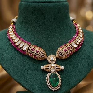 Polki Moissanite Kundan Choker, Victorian Jadau Necklace with Emerald & Ruby Doublet Stones, Sabyasachi Inspired Bridal Statement Jewelry