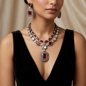 May include: A jewelry set consisting of a double-strand necklace and matching rectangular drop earrings. The pieces feature deep red, faceted rectangular and oval stones set in dark metal frames, surrounded by small, clear, round accent stones.