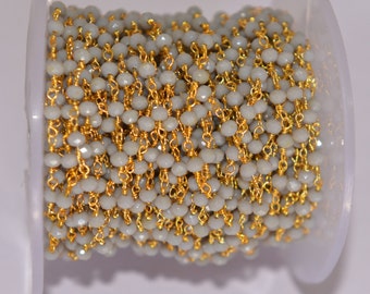 Grey Quartz 3mm Faceted Glass Beads Rosary Chain, Gold Plated Wire Rondelle Beaded Chain Bulk Roll, Jewelry Making Supplies, Craft Chain