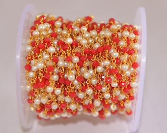 Rode Koraal & Parel kralen rozenkrans ketting, vergulde rozenkrans ketting, Bulk Roll ketting, 3mm glazen kralen rozenkrans, sieraden maken lichaamsketting, kralen