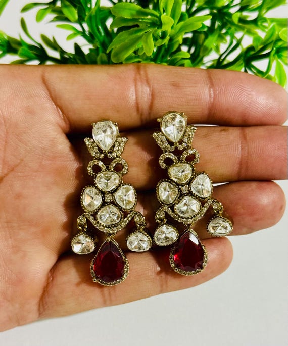 Red Monalisa Gemstone Polki Earrings: Indian Bridal Dangle