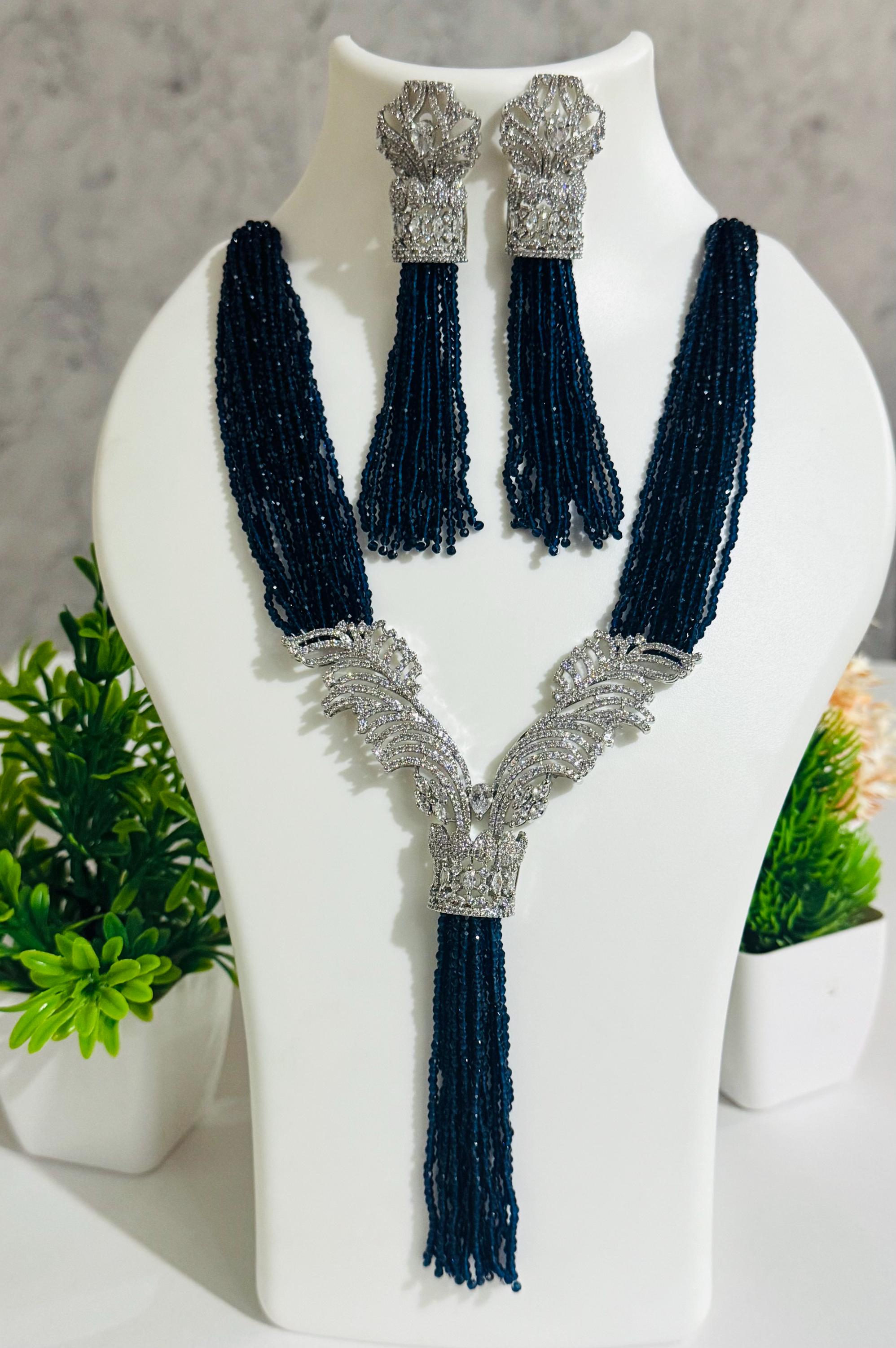 2mm Blue Sapphire Beads Necklace Set with Long Earrings, AD Stone Rhinestone Indian Ethnic Jewelry, Handmade Fashion Jewelry Gift For Her
