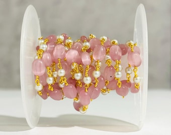 Pink Oval Monalisa Rosary Chain 4x8mm, Pearl Glass Beads Chain, Gold Plated Brass Wire Wrapped Rosary Bulk Roll for Jewelry Making