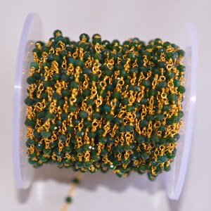 Green quartz coted Glass Beads Rondelle Rosary Chain, gold plated Wire Beaded Chain, Rosary Chain, 3mm Faceted beads beaded chain
