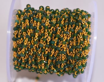 Green quartz coted Glass Beads Rondelle Rosary Chain, gold plated Wire Beaded Chain, Rosary Chain, 3mm Faceted beads beaded chain