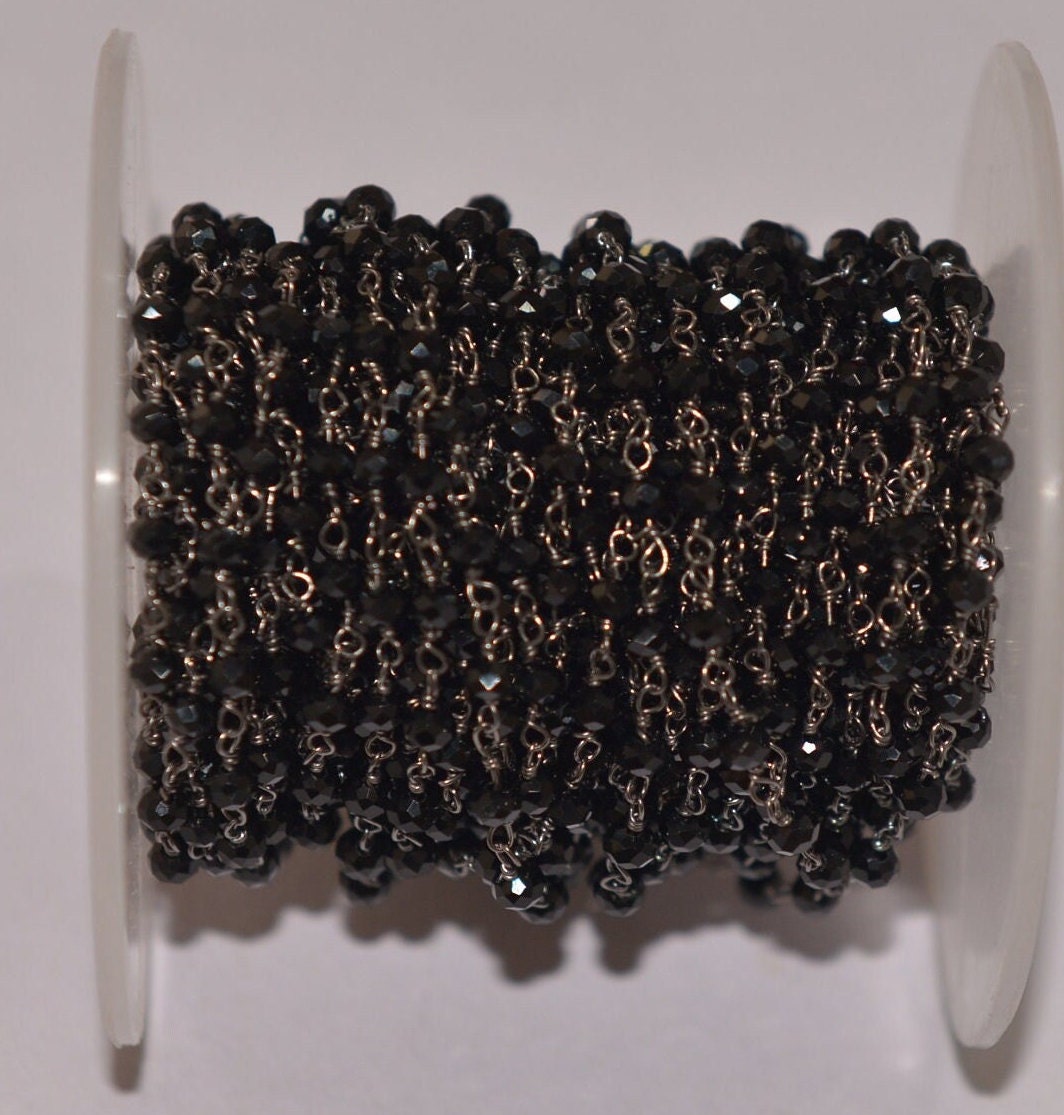 Facted Rope Chain Black Plated Black Beads Bulk Rondelle Rosary Chain, 3mm Stone Beads ...