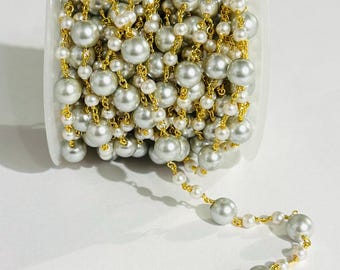 Cadena de rosario de 8 mm de perla gris y 4 mm de perla blanca, con cuentas envueltas en alambre dorado, por 1 pie. Suministros de joyería DIY.