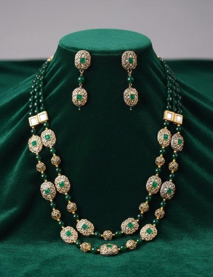 Green Jade Gemstone Kundan Double Layered Necklace Set Indian Bridal Jewelry, Traditional Choker Necklace