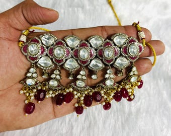 Kundan Polki Necklace Set, Red Ruby Gemstone Bridal Jewelry, Indian Wedding Necklace Earrings, Gold Plated Traditional Set