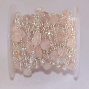 1-100 Feet Cristal & Natural Rose Quartz Oval beads rosary chain, Bulk beaded roll chain, gemstone bead Rosary, crystal rosary, craft chain