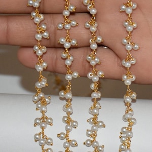 1-100 foot Gold Plated Wire wrapped Pearl beads Cluster Rosary Chain, Beaded Chain, Chain, Jewelry Making Rosary, 3-4mm Pearl Dangling chain