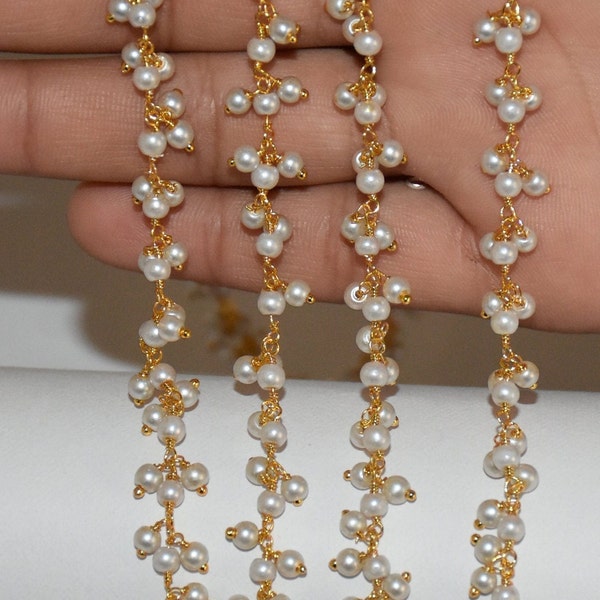 1 - 100 foot Gold Plated Wire wrapped Pearl beads Cluster Rosary Chain, Beaded Chain, Chain, Jewelry Making Rosary, Pearl Dangling chain