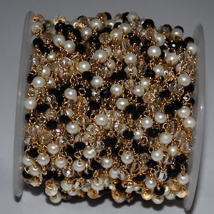 Gold Plated Black, Pearl & crystal Multi Beads Rosary chain, Bulk Roll chain, Glass Beads Rosary Chain, 4mm faceted bead chain, Beaded Chain