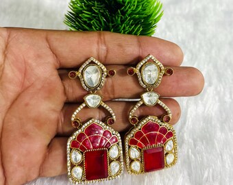 Red Meenakari Kundan Polki Earrings, Indian Statement Jewelry, Traditional Gold Plated Ethnic Earrings, Bridal Wedding Earrings