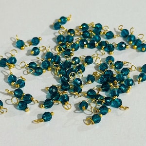 3mm Blue Topaz Hydro Bead Charms, Brass Wire Wrapped Dangle Beads, Rosary Parts, Single Beaded Components for DIY Jewelry Making
