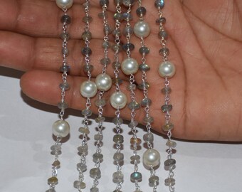 Silver Plated Pearl & natural Labradorite beads Rosary Chain, Beaded Chain, Rosary Chain Jewelry Finding, Rosary chain, 4x8mm beads chain