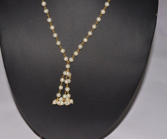 Gold Plated Rosary Necklace, White Pearl Beaded Necklace, 6mm
